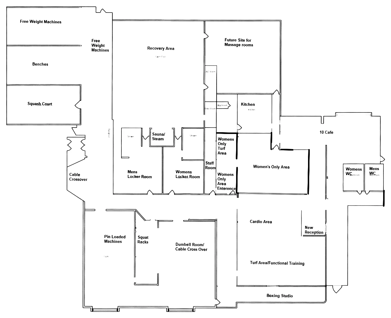 Floor plan of 10 Fitness. The upper half holds the free weight
                 machines, benches and squash court to the left, the recovery area
                 and pool in the centre, and the kitchen, cafe and women's-only
                 area to the right, with men's and women's locker rooms and a
                 sauna and steam room between them. The lower half holds pin
                 loaded machines, squat racks, a dumbbell and cable room, the
                 cardio area, reception, the turf functional training zone and
                 the boxing studio.