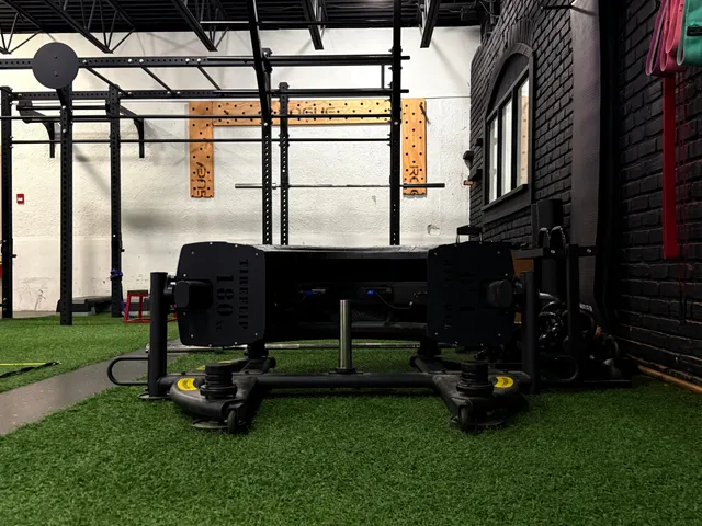 Functional training zone with turf flooring and a rig