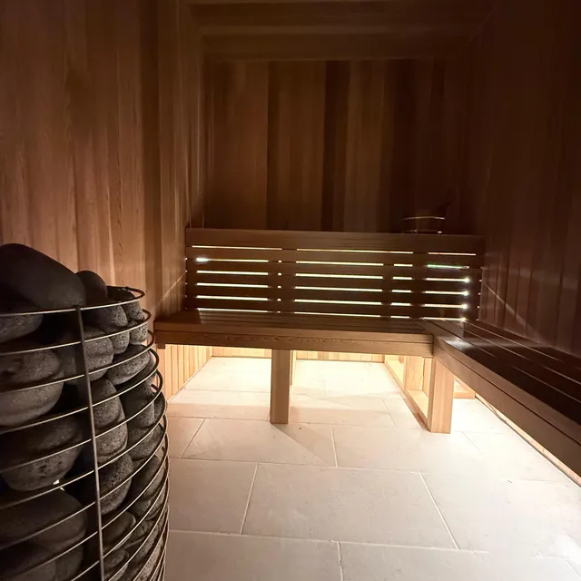 Sauna bench seating in warm wood tones