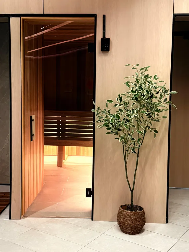 A single sauna entrance with a potted plant