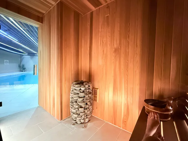 Sauna stones with the pool visible beyond
