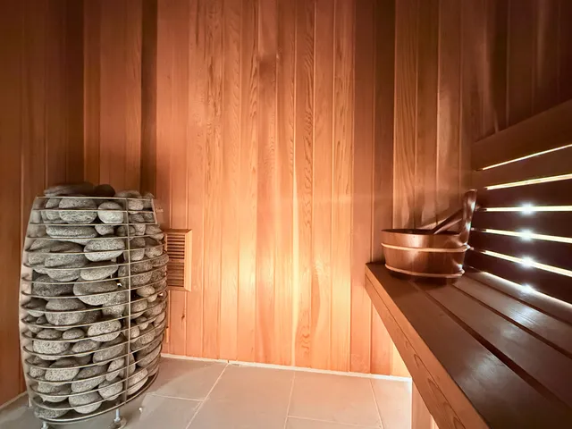 Sauna stones and cedar benches